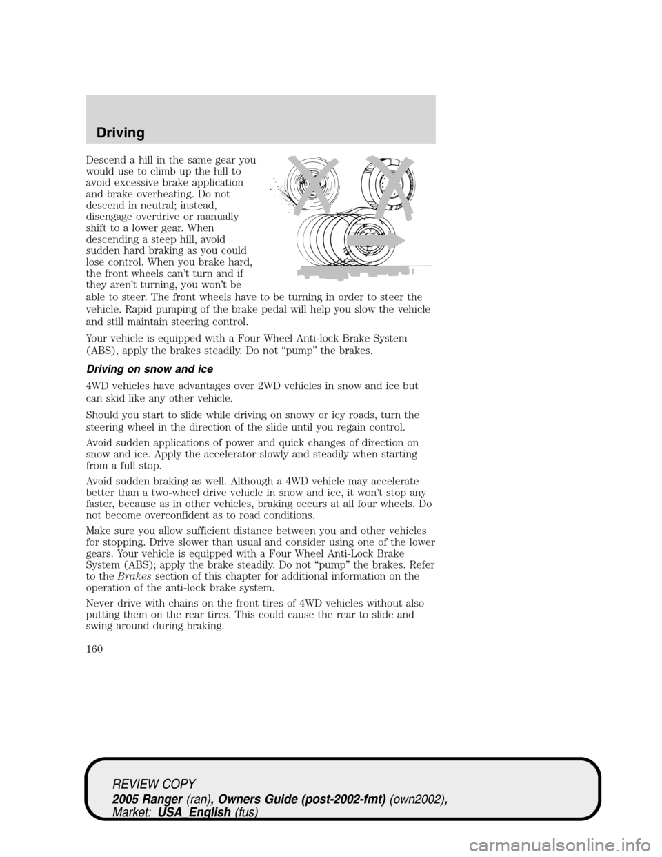 FORD RANGER 2005 2.G User Guide Descend a hill in the same gear you
would use to climb up the hill to
avoid excessive brake application
and brake overheating. Do not
descend in neutral; instead,
disengage overdrive or manually
shift