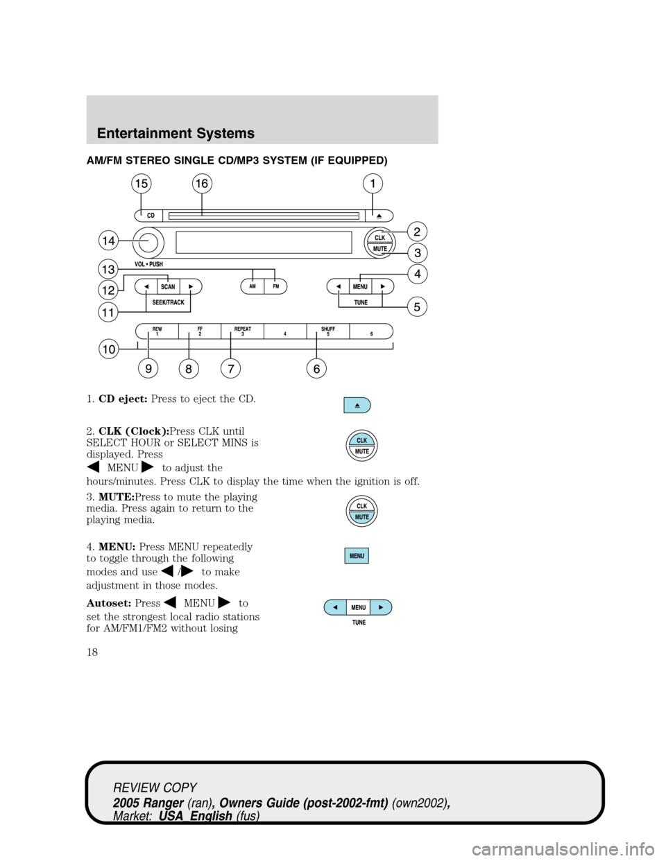 FORD RANGER 2005 2.G User Guide AM/FM STEREO SINGLE CD/MP3 SYSTEM (IF EQUIPPED)
1.CD eject:Press to eject the CD.
2.CLK (Clock):Press CLK until
SELECT HOUR or SELECT MINS is
displayed. Press
MENUto adjust the
hours/minutes. Press CL