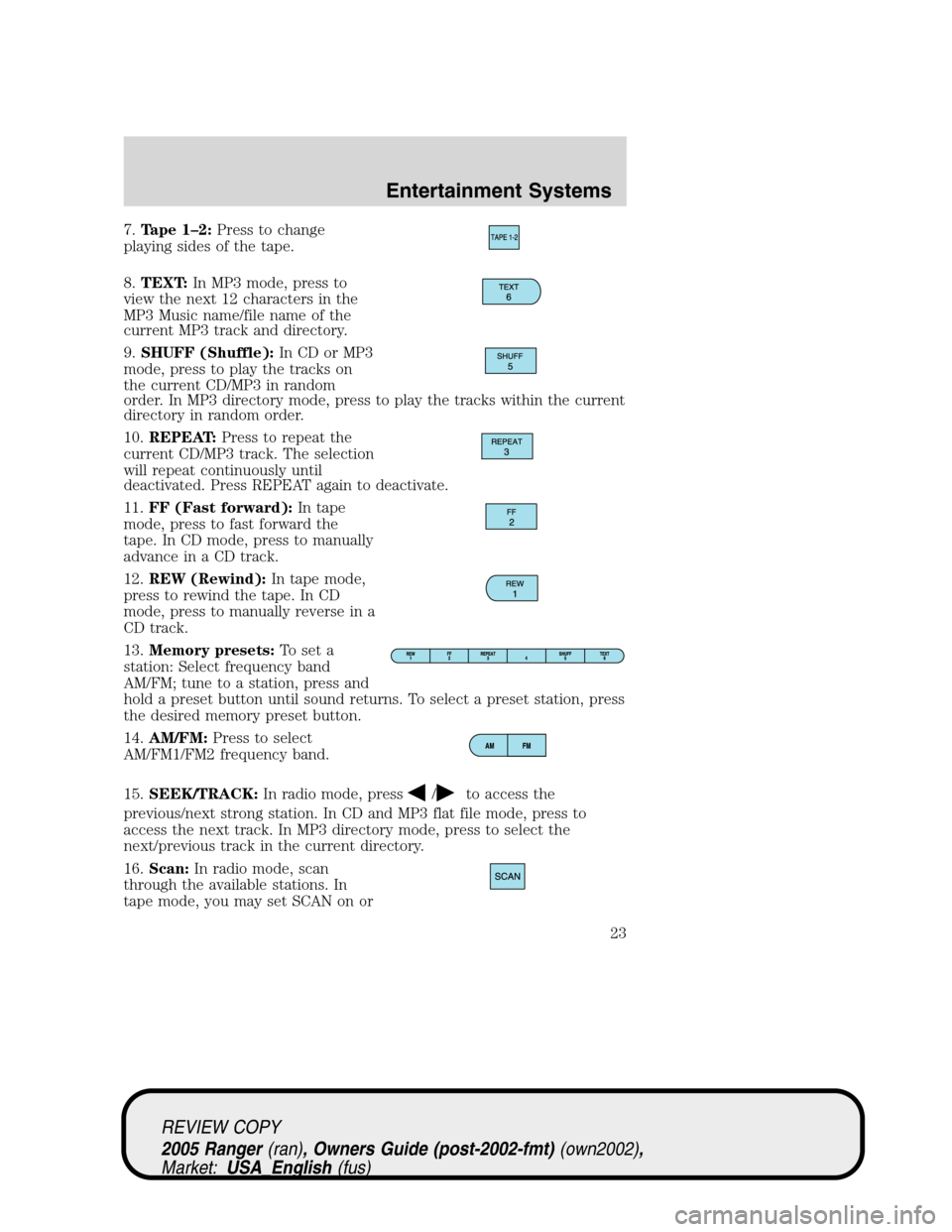 FORD RANGER 2005 2.G Owners Manual 7.Tape 1–2:Press to change
playing sides of the tape.
8.TEXT:In MP3 mode, press to
view the next 12 characters in the
MP3 Music name/file name of the
current MP3 track and directory.
9.SHUFF (Shuffl FORD RANGER 2005 2.G Owners Manual 7.Tape 1–2:Press to change
playing sides of the tape.
8.TEXT:In MP3 mode, press to
view the next 12 characters in the
MP3 Music name/file name of the
current MP3 track and directory.
9.SHUFF (Shuffl
