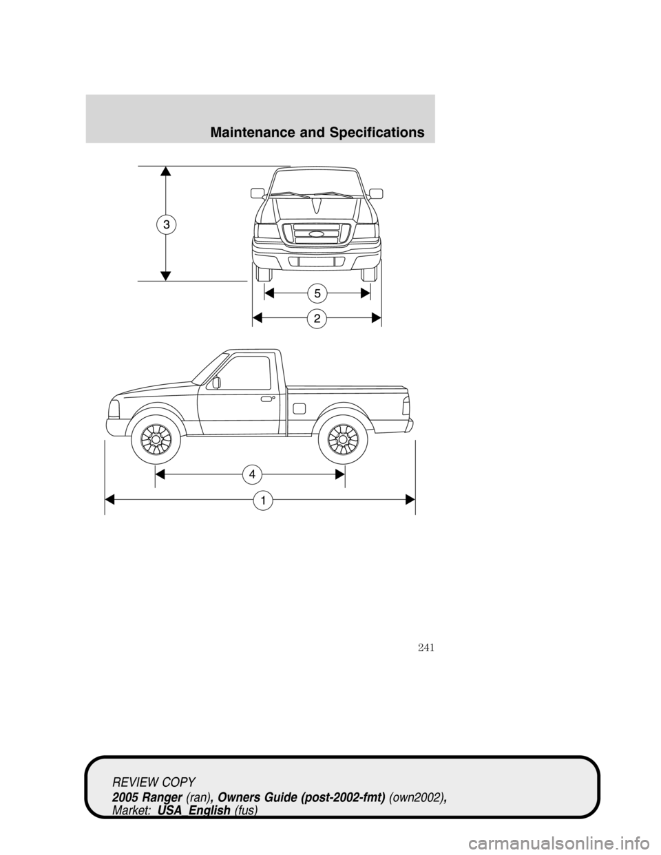 FORD RANGER 2005 2.G Owners Manual 4
1
REVIEW COPY
2005 Ranger(ran), Owners Guide (post-2002-fmt)(own2002),
Market:USA_English(fus)
Maintenance and Specifications
241 FORD RANGER 2005 2.G Owners Manual 4
1
REVIEW COPY
2005 Ranger(ran), Owners Guide (post-2002-fmt)(own2002),
Market:USA_English(fus)
Maintenance and Specifications
241