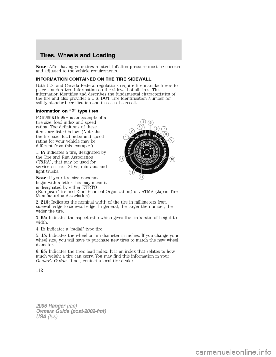 FORD RANGER 2006 2.G Owners Manual Note:After having your tires rotated, inflation pressure must be checked
and adjusted to the vehicle requirements.
INFORMATION CONTAINED ON THE TIRE SIDEWALL
Both U.S. and Canada Federal regulations r FORD RANGER 2006 2.G Owners Manual Note:After having your tires rotated, inflation pressure must be checked
and adjusted to the vehicle requirements.
INFORMATION CONTAINED ON THE TIRE SIDEWALL
Both U.S. and Canada Federal regulations r