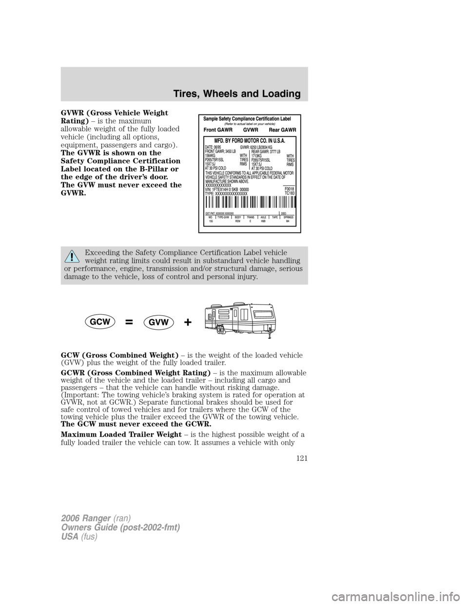 FORD RANGER 2006 2.G Owners Manual GVWR (Gross Vehicle Weight
Rating)– is the maximum
allowable weight of the fully loaded
vehicle (including all options,
equipment, passengers and cargo).
The GVWR is shown on the
Safety Compliance C