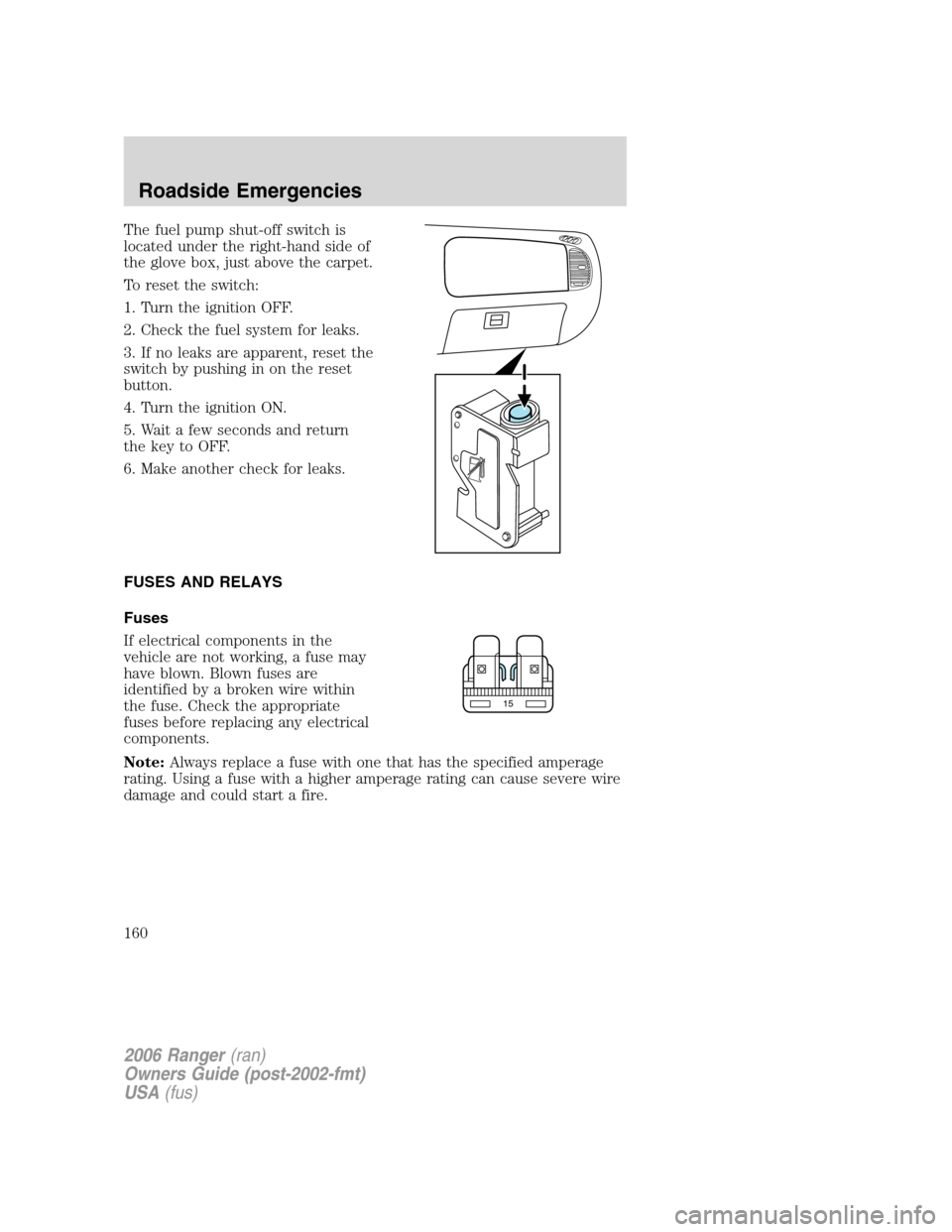 FORD RANGER 2006 2.G Owners Manual The fuel pump shut-off switch is
located under the right-hand side of
the glove box, just above the carpet.
To reset the switch:
1. Turn the ignition OFF.
2. Check the fuel system for leaks.
3. If no 