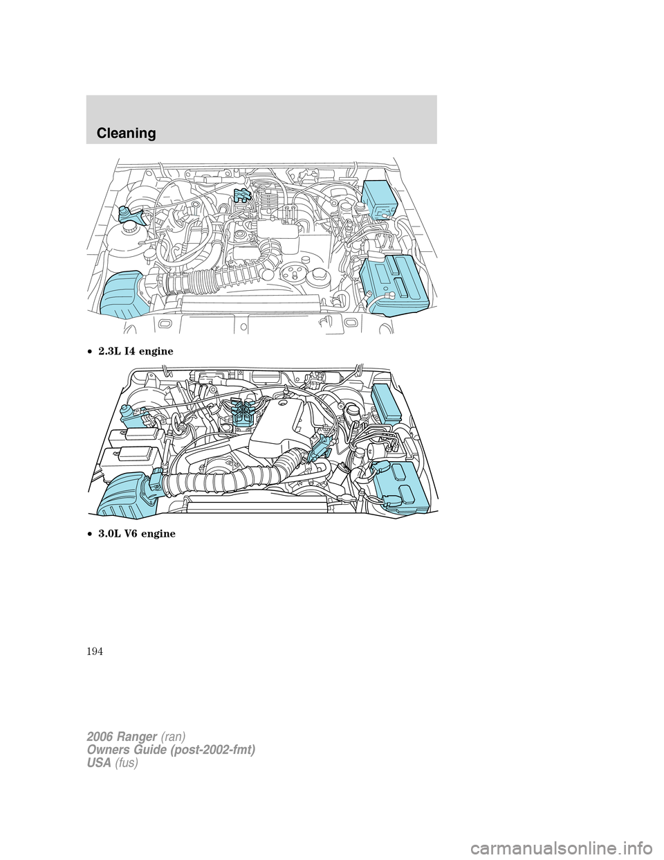 FORD RANGER 2006 2.G Workshop Manual •2.3L I4 engine
•3.0L V6 engine
2006 Ranger(ran)
Owners Guide (post-2002-fmt)
USA(fus)
Cleaning
194 FORD RANGER 2006 2.G Workshop Manual •2.3L I4 engine
•3.0L V6 engine
2006 Ranger(ran)
Owners Guide (post-2002-fmt)
USA(fus)
Cleaning
194