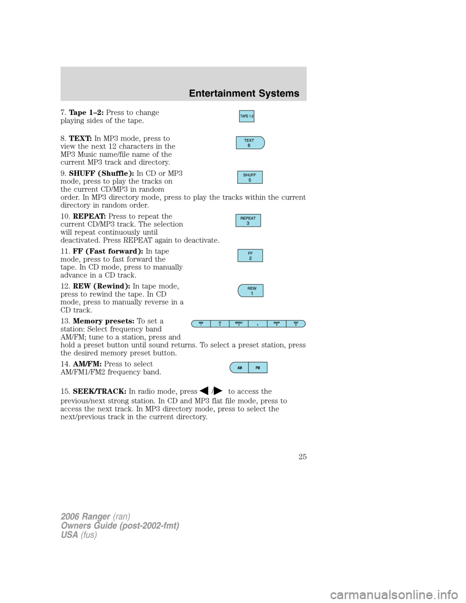 FORD RANGER 2006 2.G Owners Manual 7.Tape 1–2:Press to change
playing sides of the tape.
8.TEXT:In MP3 mode, press to
view the next 12 characters in the
MP3 Music name/file name of the
current MP3 track and directory.
9.SHUFF (Shuffl