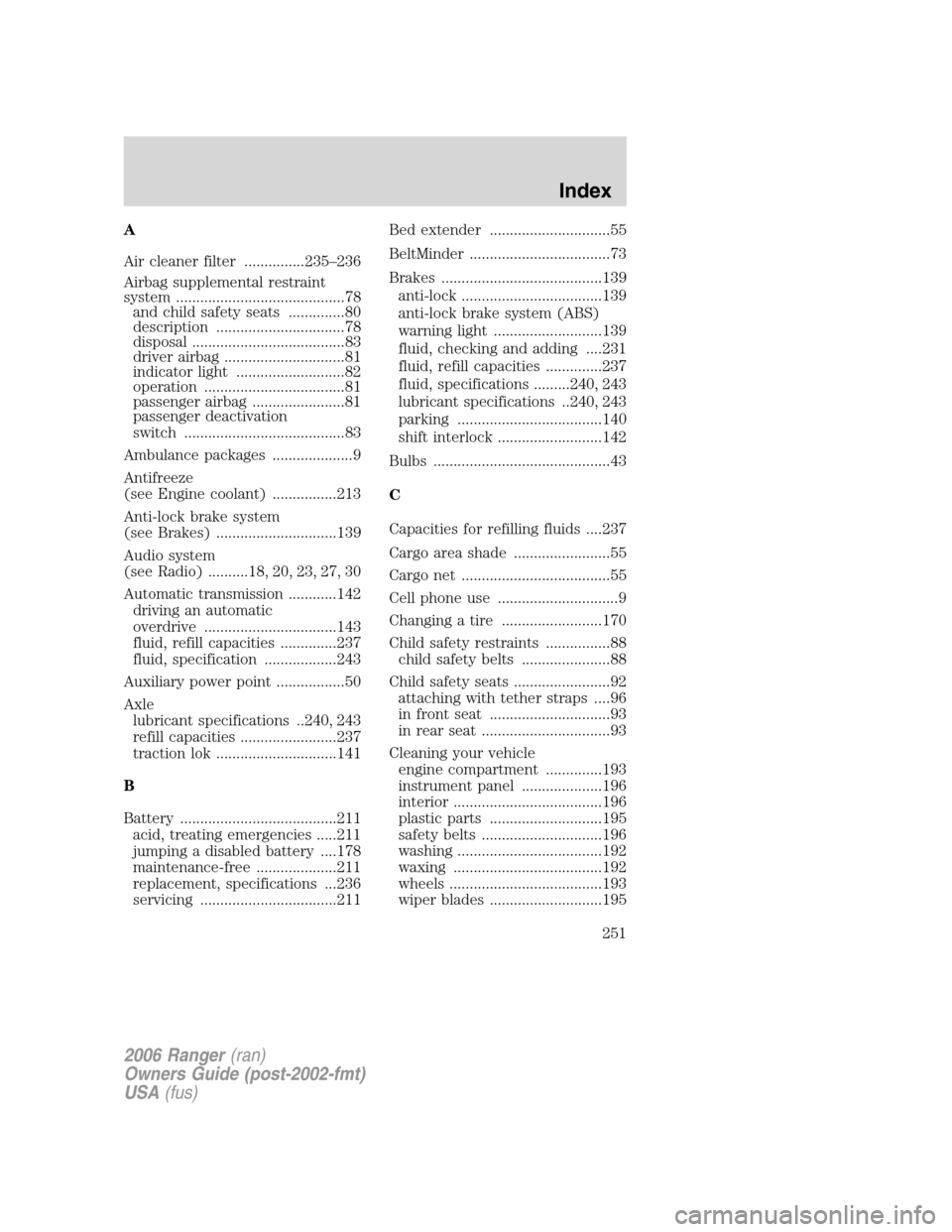 FORD RANGER 2006 2.G Repair Manual A
Air cleaner filter ...............235–236
Airbag supplemental restraint
system ..........................................78
and child safety seats ..............80
description ....................