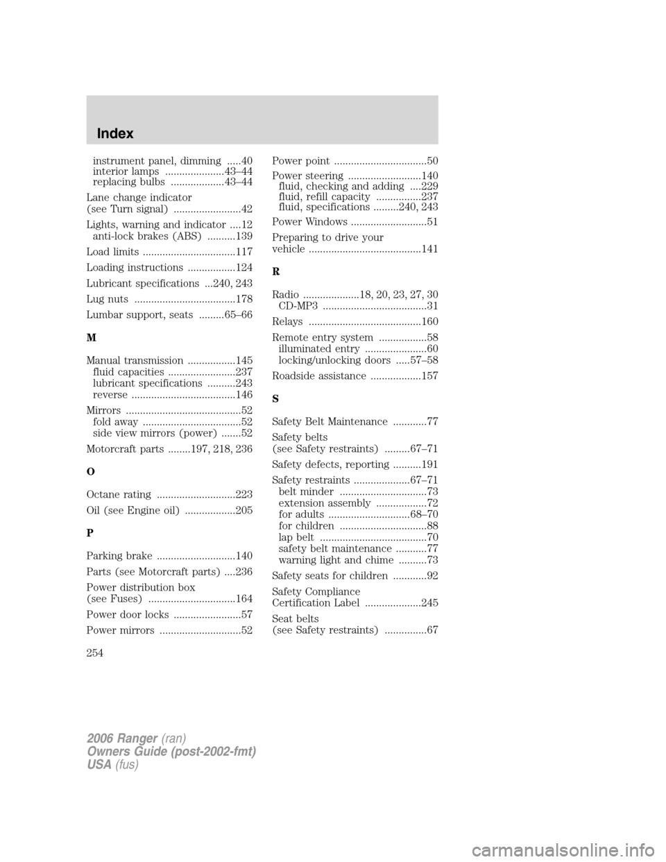 FORD RANGER 2006 2.G Repair Manual instrument panel, dimming .....40
interior lamps .....................43–44
replacing bulbs ...................43–44
Lane change indicator
(see Turn signal) ........................42
Lights, warn