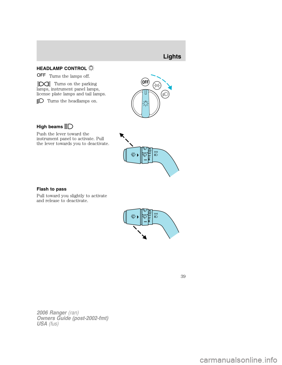 FORD RANGER 2006 2.G Owners Manual HEADLAMP CONTROL
Turns the lamps off.
Turns on the parking
lamps, instrument panel lamps,
license plate lamps and tail lamps.
Turns the headlamps on.
High beams
Push the lever toward the
instrument pa FORD RANGER 2006 2.G Owners Manual HEADLAMP CONTROL
Turns the lamps off.
Turns on the parking
lamps, instrument panel lamps,
license plate lamps and tail lamps.
Turns the headlamps on.
High beams
Push the lever toward the
instrument pa