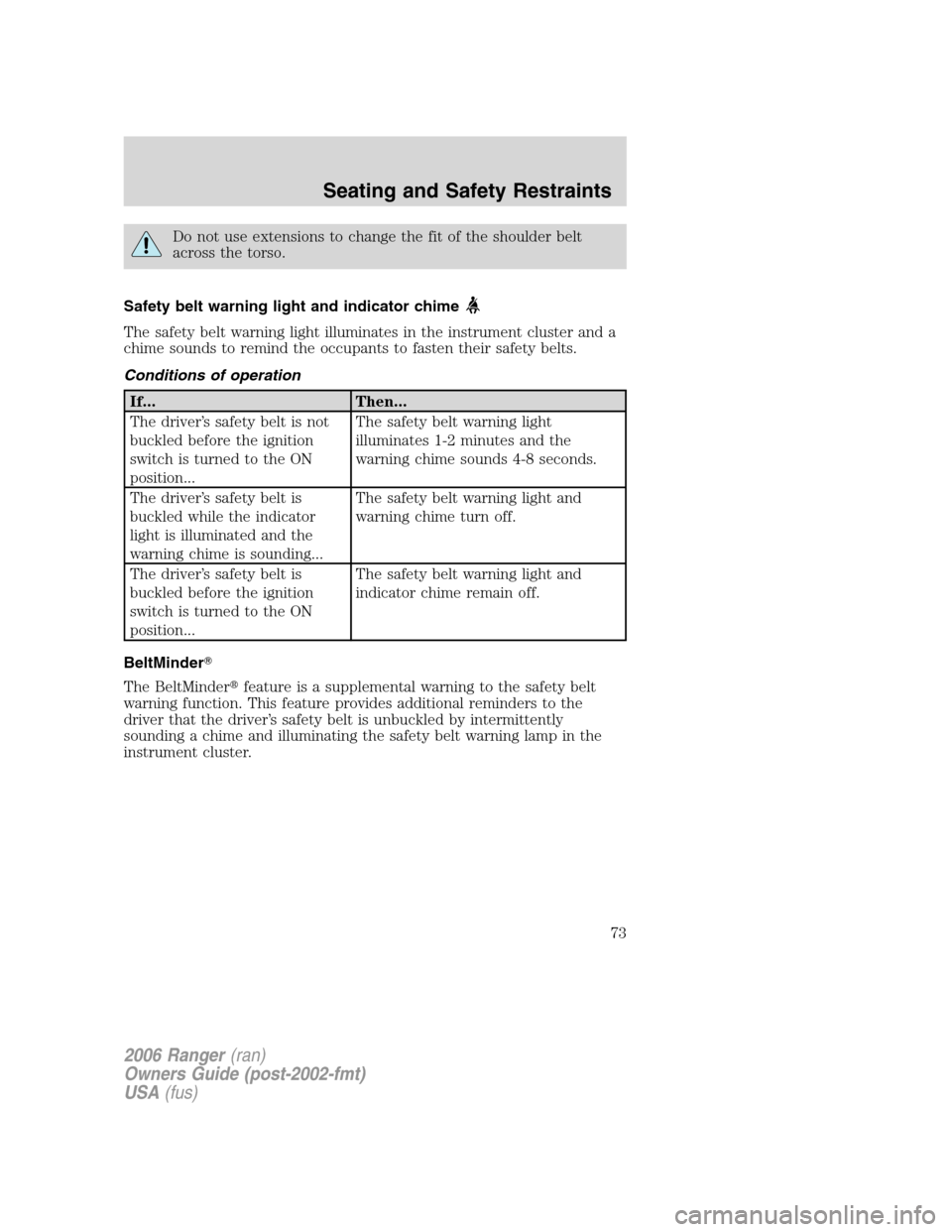 FORD RANGER 2006 2.G Manual PDF Do not use extensions to change the fit of the shoulder belt
across the torso.
Safety belt warning light and indicator chime
The safety belt warning light illuminates in the instrument cluster and a
c