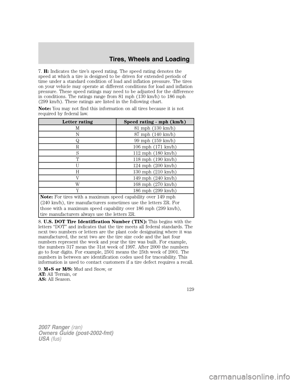 FORD RANGER 2007 2.G Owners Manual 7.H:Indicates the tire’s speed rating. The speed rating denotes the
speed at which a tire is designed to be driven for extended periods of
time under a standard condition of load and inflation press