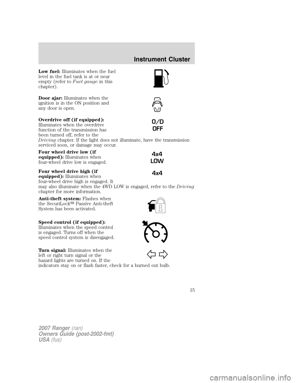 FORD RANGER 2007 2.G Owners Manual Low fuel:Illuminates when the fuel
level in the fuel tank is at or near
empty (refer toFuel gaugein this
chapter).
Door ajar:Illuminates when the
ignition is in the ON position and
any door is open.
O