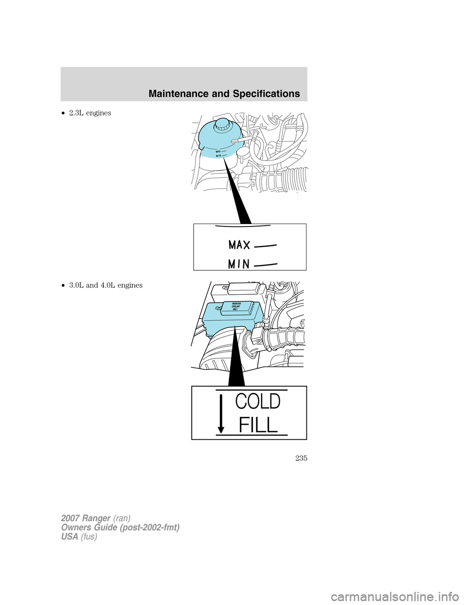 FORD RANGER 2007 2.G Manual PDF •2.3L engines
•3.0L and 4.0L engines
2007 Ranger(ran)
Owners Guide (post-2002-fmt)
USA(fus)
Maintenance and Specifications
235 