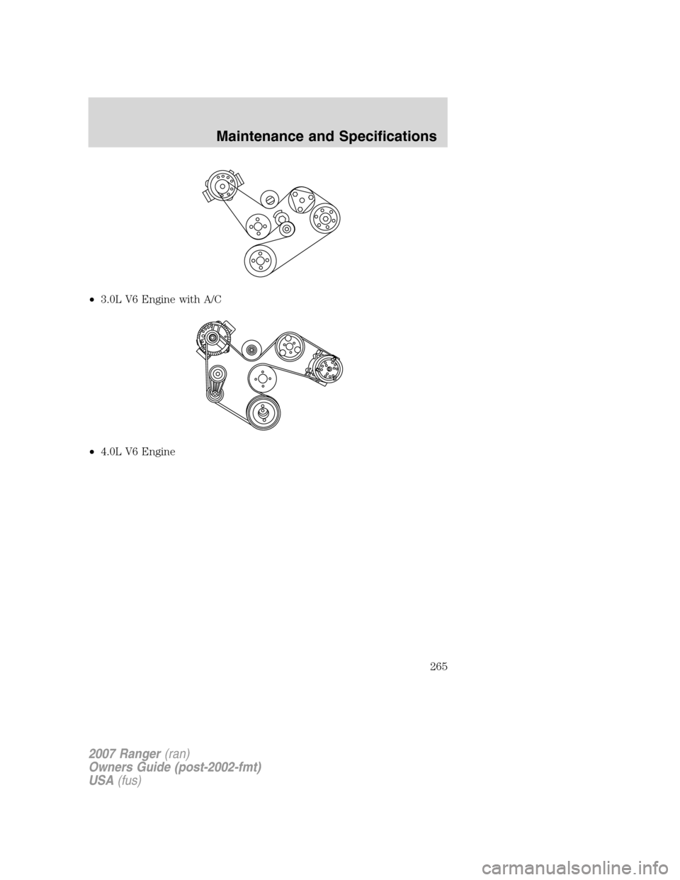 FORD RANGER 2007 2.G Owners Manual •3.0L V6 Engine with A/C
•4.0L V6 Engine
2007 Ranger(ran)
Owners Guide (post-2002-fmt)
USA(fus)
Maintenance and Specifications
265 