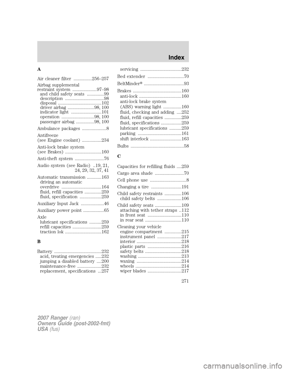 FORD RANGER 2007 2.G Repair Manual A
Air cleaner filter ...............256–257
Airbag supplemental
restraint system ....................97–98
and child safety seats ..............99
description ................................98
di