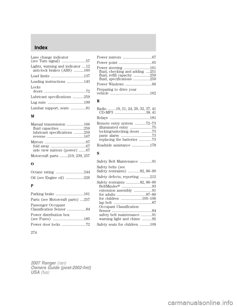 FORD RANGER 2007 2.G Owners Guide Lane change indicator
(see Turn signal) ........................57
Lights, warning and indicator ....12
anti-lock brakes (ABS) ..........160
Load limits .................................137
Loading in