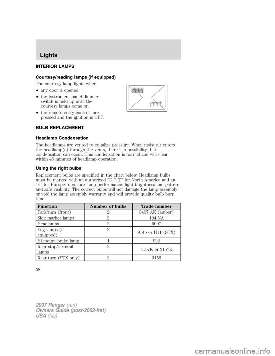 FORD RANGER 2007 2.G Owners Manual INTERIOR LAMPS
Courtesy/reading lamps (if equipped)
The courtesy lamp lights when:
•any door is opened.
•the instrument panel dimmer
switch is held up until the
courtesy lamps come on.
•the remo