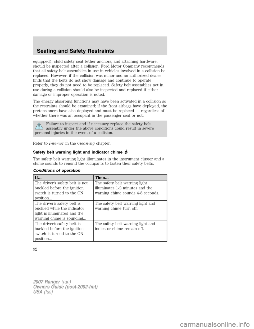 FORD RANGER 2007 2.G User Guide equipped), child safety seat tether anchors, and attaching hardware,
should be inspected after a collision. Ford Motor Company recommends
that all safety belt assemblies in use in vehicles involved in