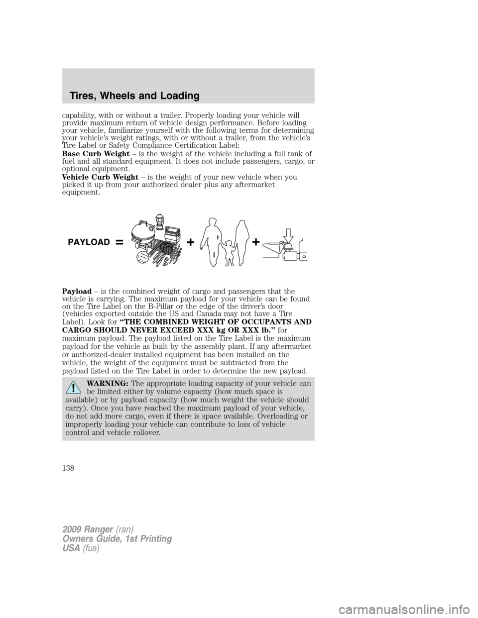 FORD RANGER 2009 2.G User Guide capability, with or without a trailer. Properly loading your vehicle will
provide maximum return of vehicle design performance. Before loading
your vehicle, familiarize yourself with the following ter
