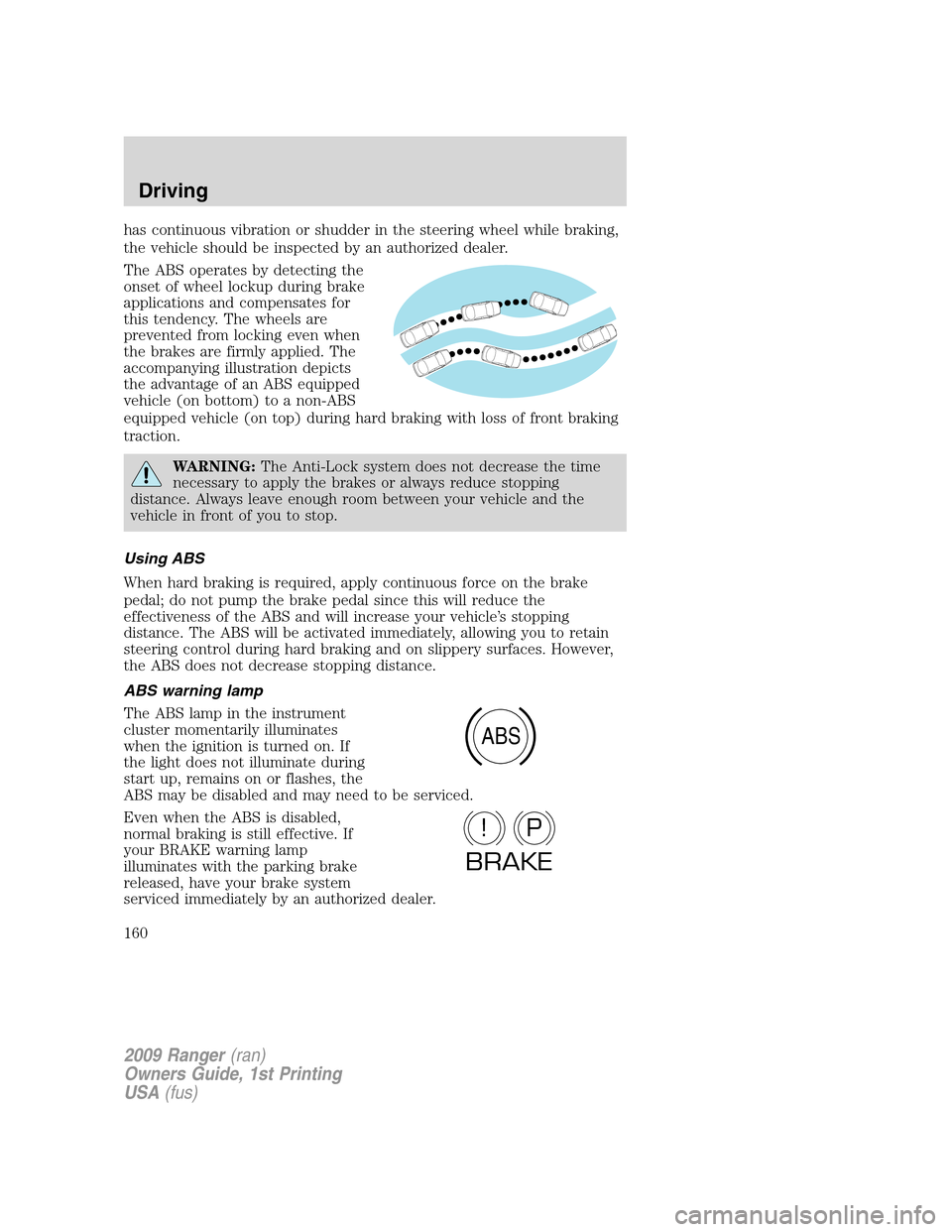 FORD RANGER 2009 2.G Owners Manual has continuous vibration or shudder in the steering wheel while braking,
the vehicle should be inspected by an authorized dealer.
The ABS operates by detecting the
onset of wheel lockup during brake
a