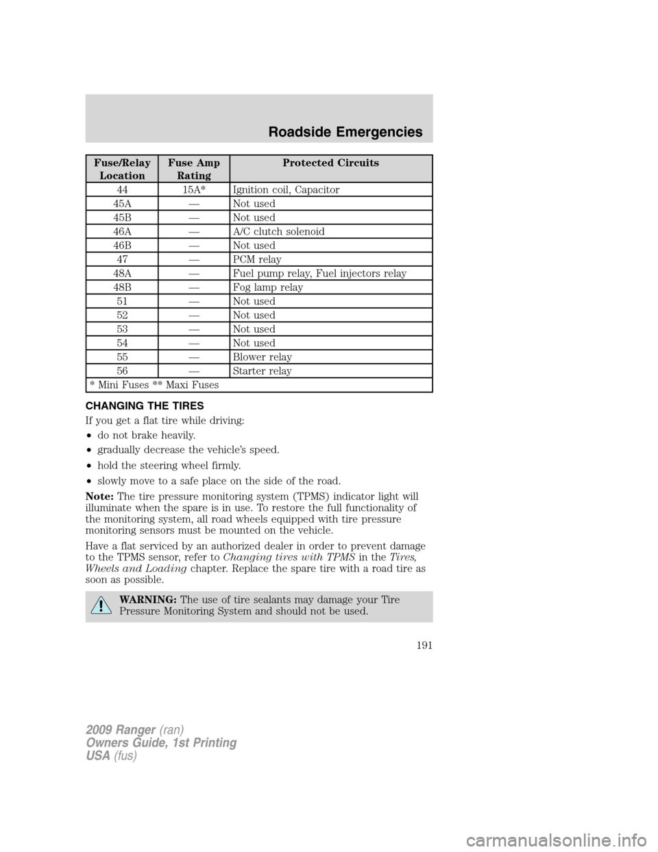 FORD RANGER 2009 2.G Owners Manual Fuse/Relay
LocationFuse Amp
RatingProtected Circuits
44 15A* Ignition coil, Capacitor
45A — Not used
45B — Not used
46A — A/C clutch solenoid
46B — Not used
47 — PCM relay
48A — Fuel pump FORD RANGER 2009 2.G Owners Manual Fuse/Relay
LocationFuse Amp
RatingProtected Circuits
44 15A* Ignition coil, Capacitor
45A — Not used
45B — Not used
46A — A/C clutch solenoid
46B — Not used
47 — PCM relay
48A — Fuel pump