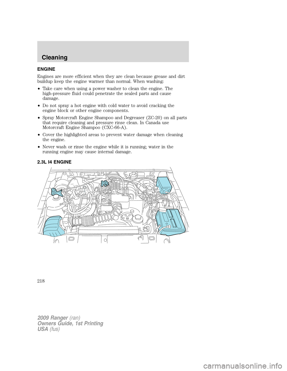 FORD RANGER 2009 2.G Owners Manual ENGINE
Engines are more efficient when they are clean because grease and dirt
buildup keep the engine warmer than normal. When washing:
•Take care when using a power washer to clean the engine. The
