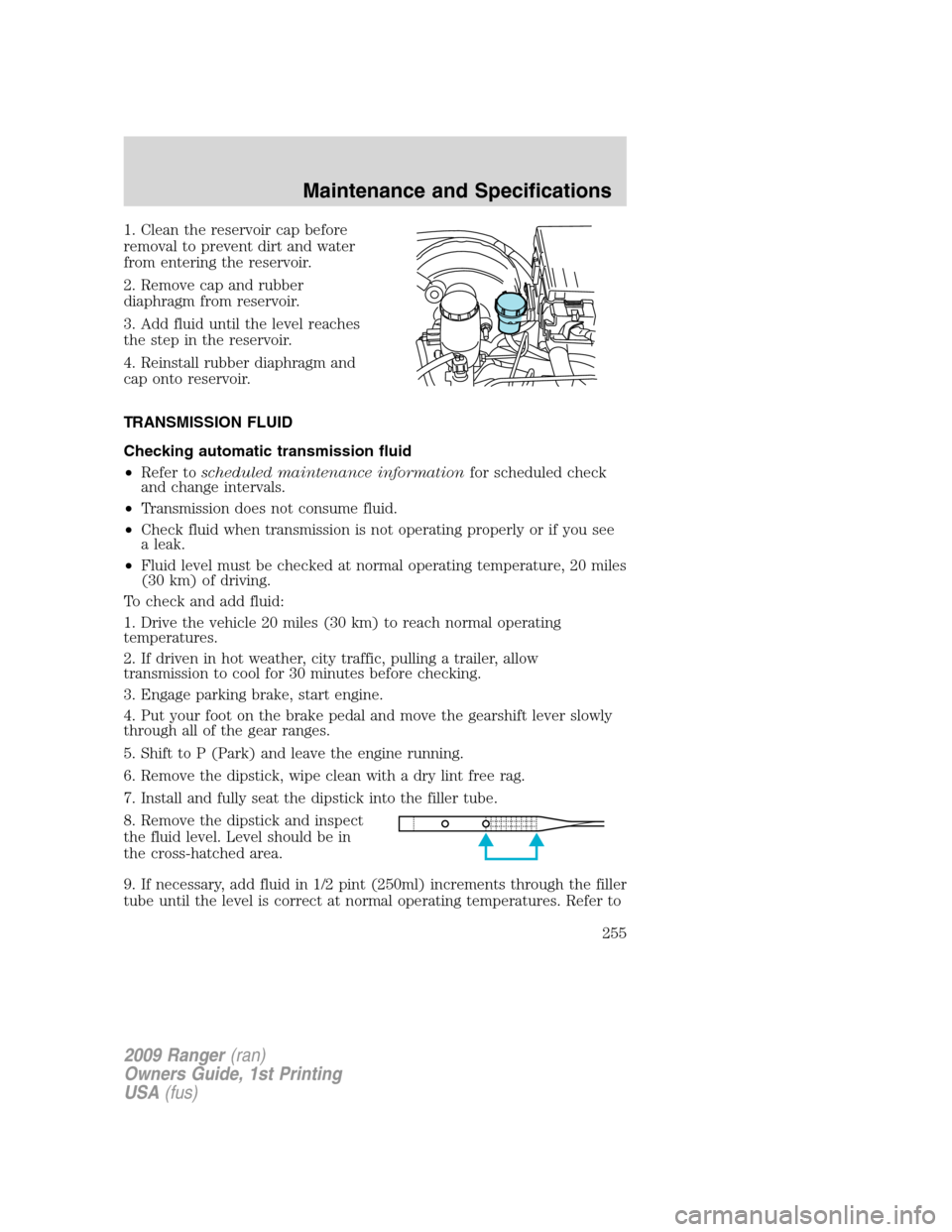FORD RANGER 2009 2.G Owners Manual 1. Clean the reservoir cap before
removal to prevent dirt and water
from entering the reservoir.
2. Remove cap and rubber
diaphragm from reservoir.
3. Add fluid until the level reaches
the step in the FORD RANGER 2009 2.G Owners Manual 1. Clean the reservoir cap before
removal to prevent dirt and water
from entering the reservoir.
2. Remove cap and rubber
diaphragm from reservoir.
3. Add fluid until the level reaches
the step in the