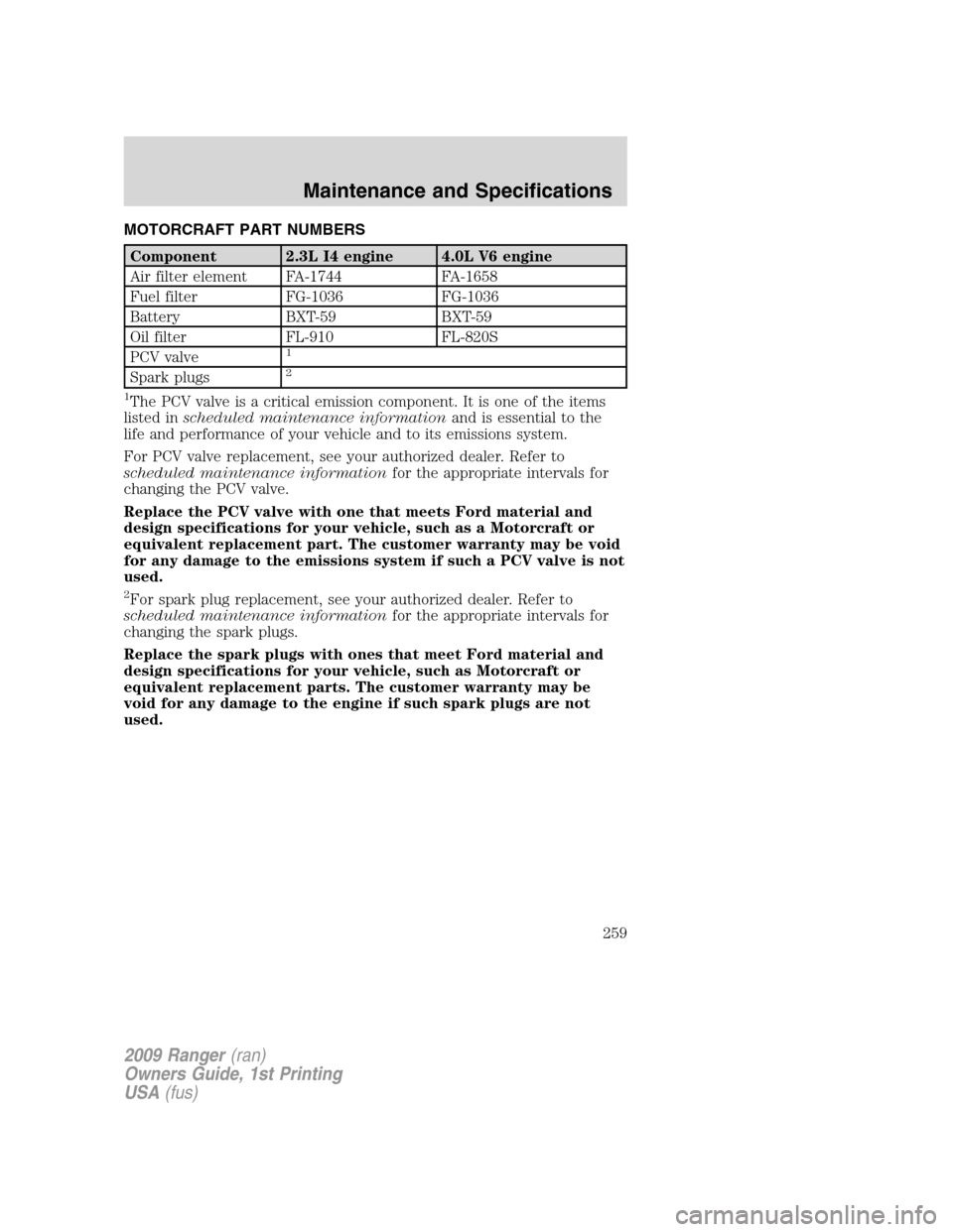 FORD RANGER 2009 2.G Owners Manual MOTORCRAFT PART NUMBERS
Component 2.3L I4 engine 4.0L V6 engine
Air filter element FA-1744 FA-1658
Fuel filter FG-1036 FG-1036
Battery BXT-59 BXT-59
Oil filter FL-910 FL-820S
PCV valve
1
Spark plugs2
