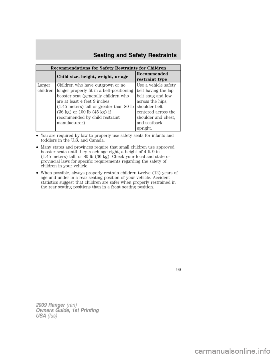 FORD RANGER 2009 2.G Owners Manual Recommendations for Safety Restraints for Children
Child size, height, weight, or ageRecommended
restraint type
Larger
childrenChildren who have outgrown or no
longer properly fit in a belt-positionin