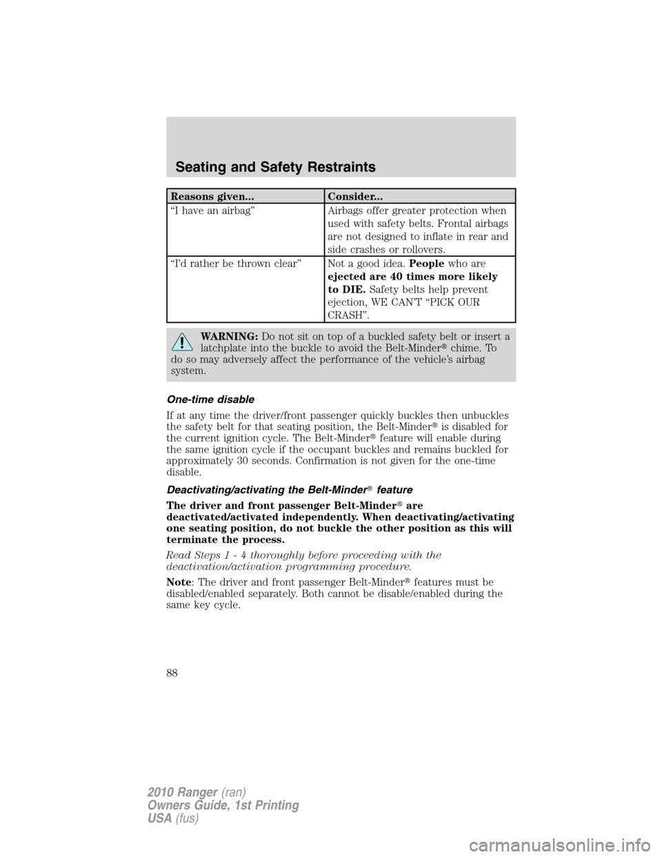 FORD RANGER 2010 2.G Manual Online Reasons given... Consider...
“I have an airbag” Airbags offer greater protection when
used with safety belts. Frontal airbags
are not designed to inflate in rear and
side crashes or rollovers.
“