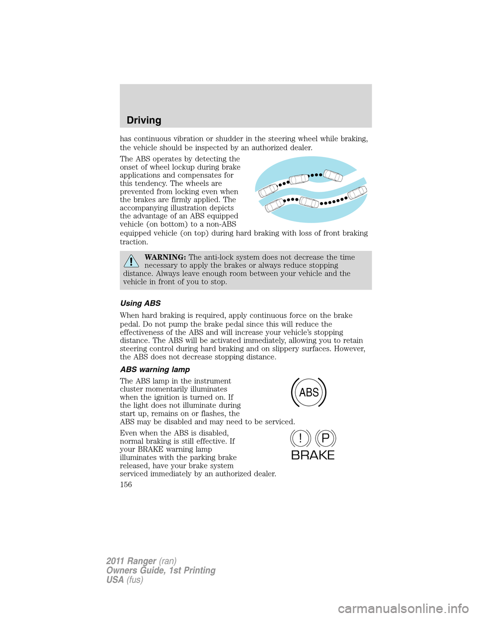 FORD RANGER 2011 2.G Owners Manual has continuous vibration or shudder in the steering wheel while braking,
the vehicle should be inspected by an authorized dealer.
The ABS operates by detecting the
onset of wheel lockup during brake
a