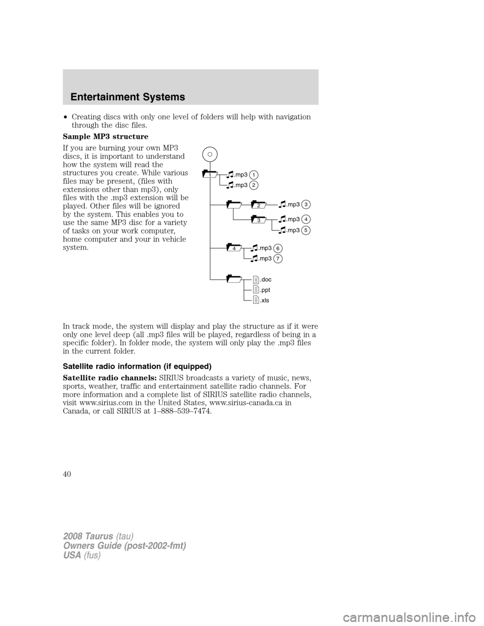FORD TAURUS 2008 5.G Owners Guide •Creating discs with only one level of folders will help with navigation
through the disc files.
Sample MP3 structure
If you are burning your own MP3
discs, it is important to understand
how the sys