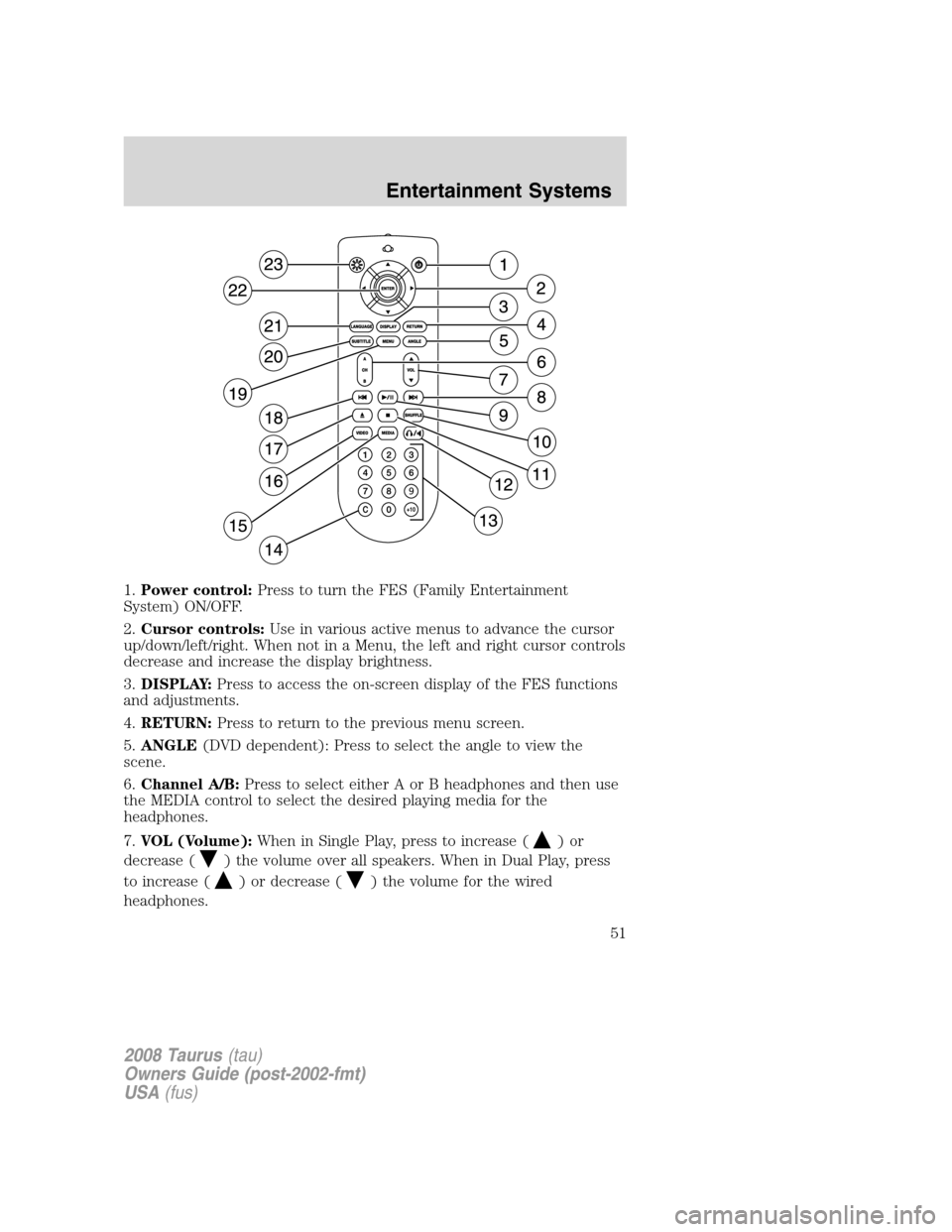 FORD TAURUS 2008 5.G Workshop Manual 1.Power control:Press to turn the FES (Family Entertainment
System) ON/OFF.
2.Cursor controls:Use in various active menus to advance the cursor
up/down/left/right. When not in a Menu, the left and rig FORD TAURUS 2008 5.G Workshop Manual 1.Power control:Press to turn the FES (Family Entertainment
System) ON/OFF.
2.Cursor controls:Use in various active menus to advance the cursor
up/down/left/right. When not in a Menu, the left and rig