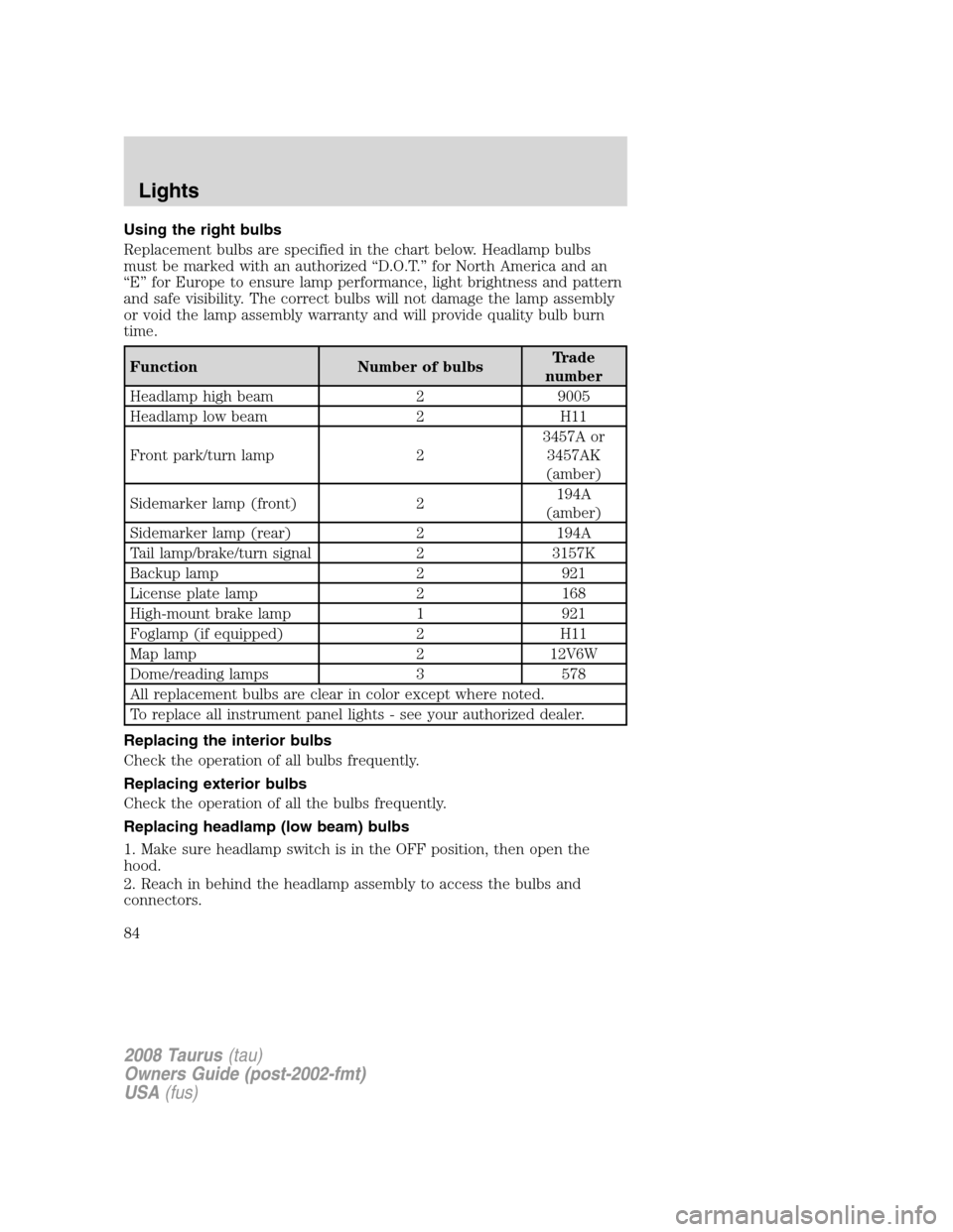 FORD TAURUS 2008 5.G Manual Online Using the right bulbs
Replacement bulbs are specified in the chart below. Headlamp bulbs
must be marked with an authorized “D.O.T.” for North America and an
“E” for Europe to ensure lamp perfo FORD TAURUS 2008 5.G Manual Online Using the right bulbs
Replacement bulbs are specified in the chart below. Headlamp bulbs
must be marked with an authorized “D.O.T.” for North America and an
“E” for Europe to ensure lamp perfo