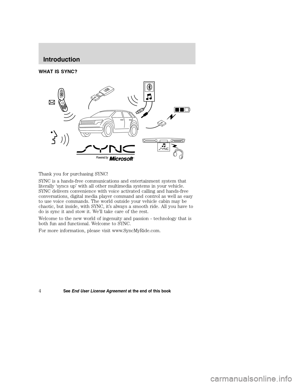 FORD TAURUS 2008 5.G SYNC Supplement Manual WHAT IS SYNC?
Thank you for purchasing SYNC!
SYNC is a hands-free communications and entertainment system that
literally ‘syncs up’ with all other multimedia systems in your vehicle.
SYNC delivers