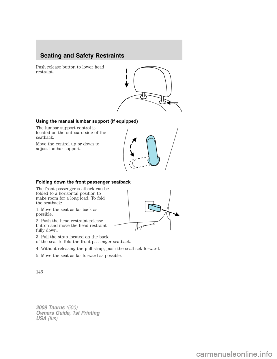 FORD TAURUS 2009 5.G Owners Manual Push release button to lower head
restraint.
Using the manual lumbar support (if equipped)
The lumbar support control is
located on the outboard side of the
seatback.
Move the control up or down to
ad