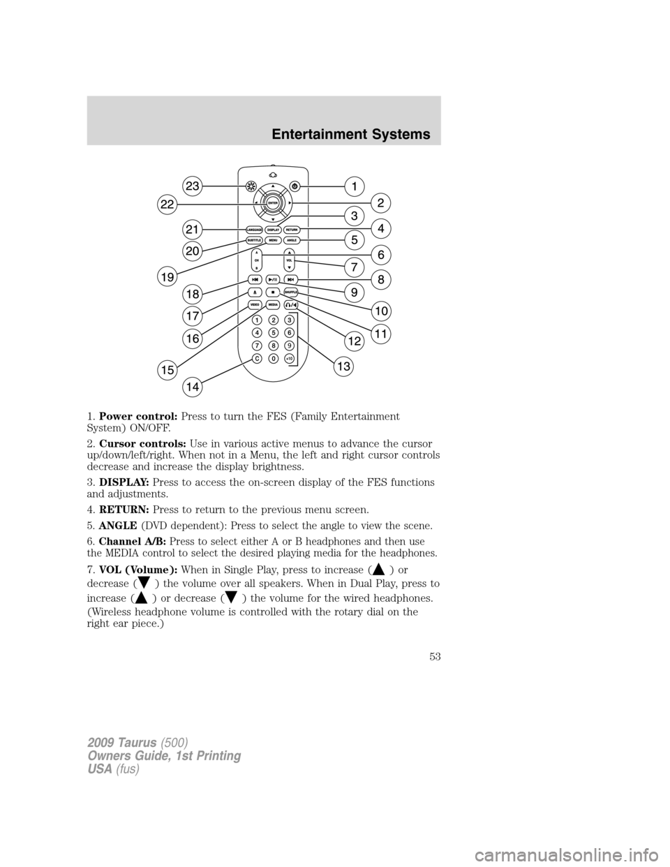 FORD TAURUS 2009 5.G Workshop Manual 1.Power control:Press to turn the FES (Family Entertainment
System) ON/OFF.
2.Cursor controls:Use in various active menus to advance the cursor
up/down/left/right. When not in a Menu, the left and rig FORD TAURUS 2009 5.G Workshop Manual 1.Power control:Press to turn the FES (Family Entertainment
System) ON/OFF.
2.Cursor controls:Use in various active menus to advance the cursor
up/down/left/right. When not in a Menu, the left and rig