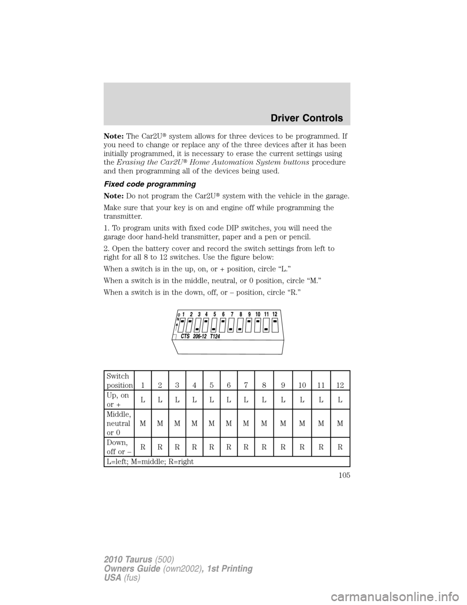 FORD TAURUS 2010 6.G User Guide Note:The Car2Usystem allows for three devices to be programmed. If
you need to change or replace any of the three devices after it has been
initially programmed, it is necessary to erase the current 