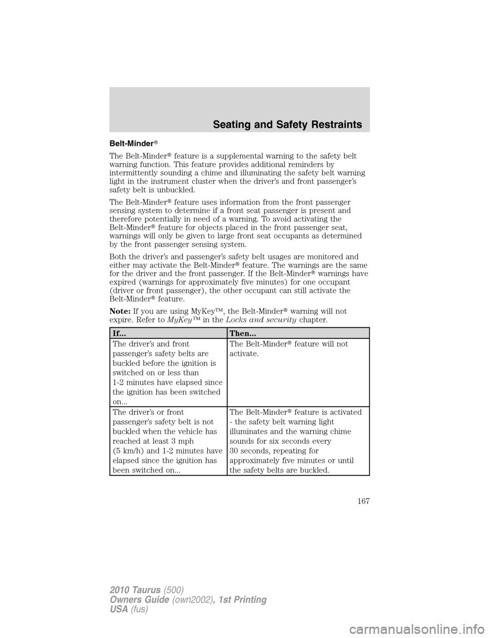 FORD TAURUS 2010 6.G Owners Manual Belt-Minder
The Belt-Minderfeature is a supplemental warning to the safety belt
warning function. This feature provides additional reminders by
intermittently sounding a chime and illuminating the s