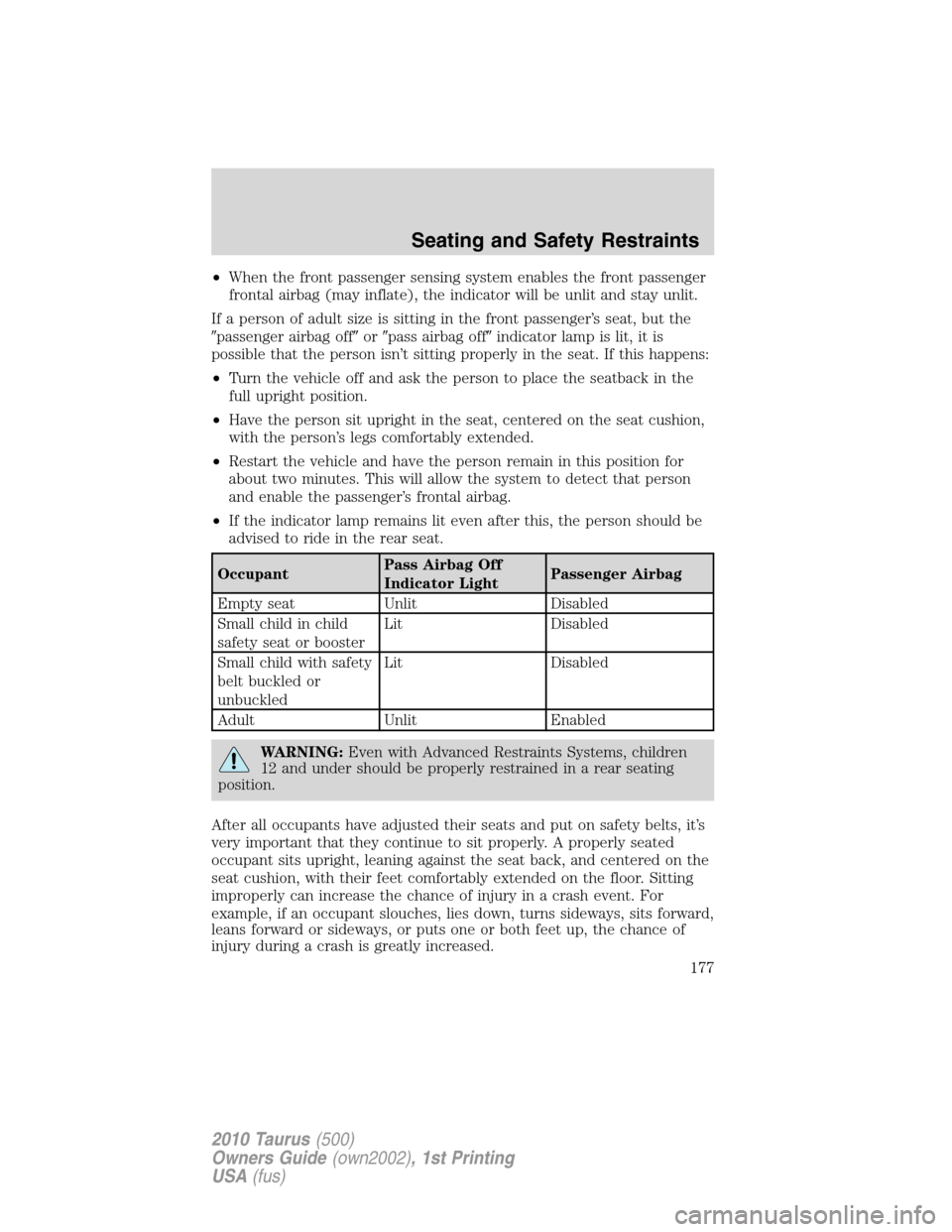 FORD TAURUS 2010 6.G Owners Manual •When the front passenger sensing system enables the front passenger
frontal airbag (may inflate), the indicator will be unlit and stay unlit.
If a person of adult size is sitting in the front passe