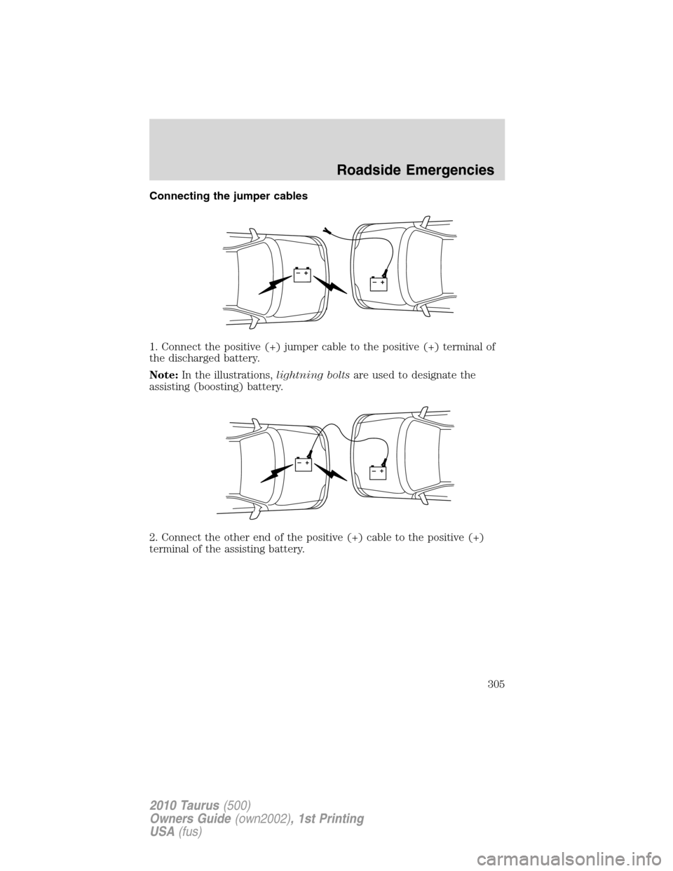 FORD TAURUS 2010 6.G Owners Manual Connecting the jumper cables
1. Connect the positive (+) jumper cable to the positive (+) terminal of
the discharged battery.
Note:In the illustrations,lightning boltsare used to designate the
assisti