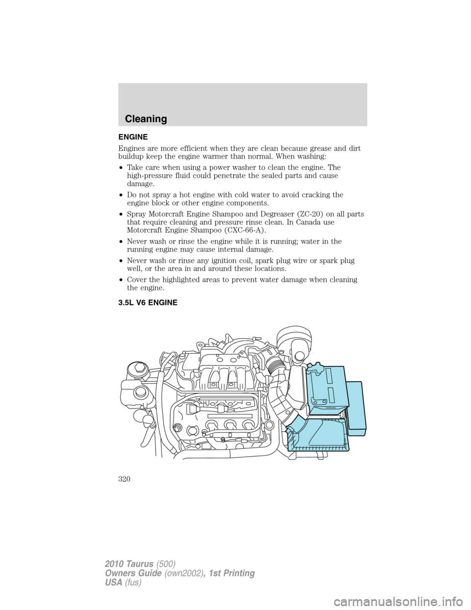 FORD TAURUS 2010 6.G Owners Manual ENGINE
Engines are more efficient when they are clean because grease and dirt
buildup keep the engine warmer than normal. When washing:
•Take care when using a power washer to clean the engine. The
