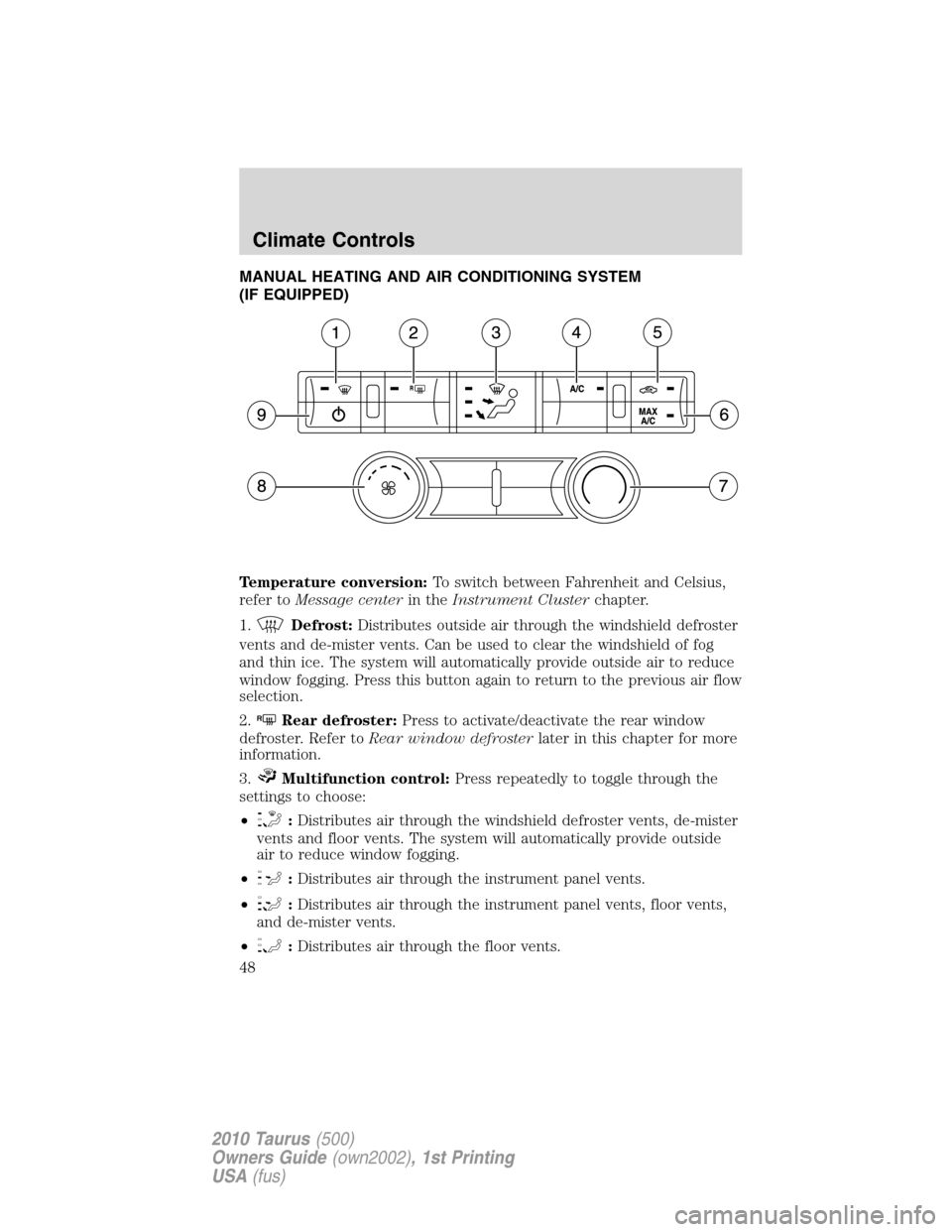 FORD TAURUS 2010 6.G Owners Manual MANUAL HEATING AND AIR CONDITIONING SYSTEM
(IF EQUIPPED)
Temperature conversion:To switch between Fahrenheit and Celsius,
refer toMessage centerin theInstrument Clusterchapter.
1.
Defrost:Distributes 