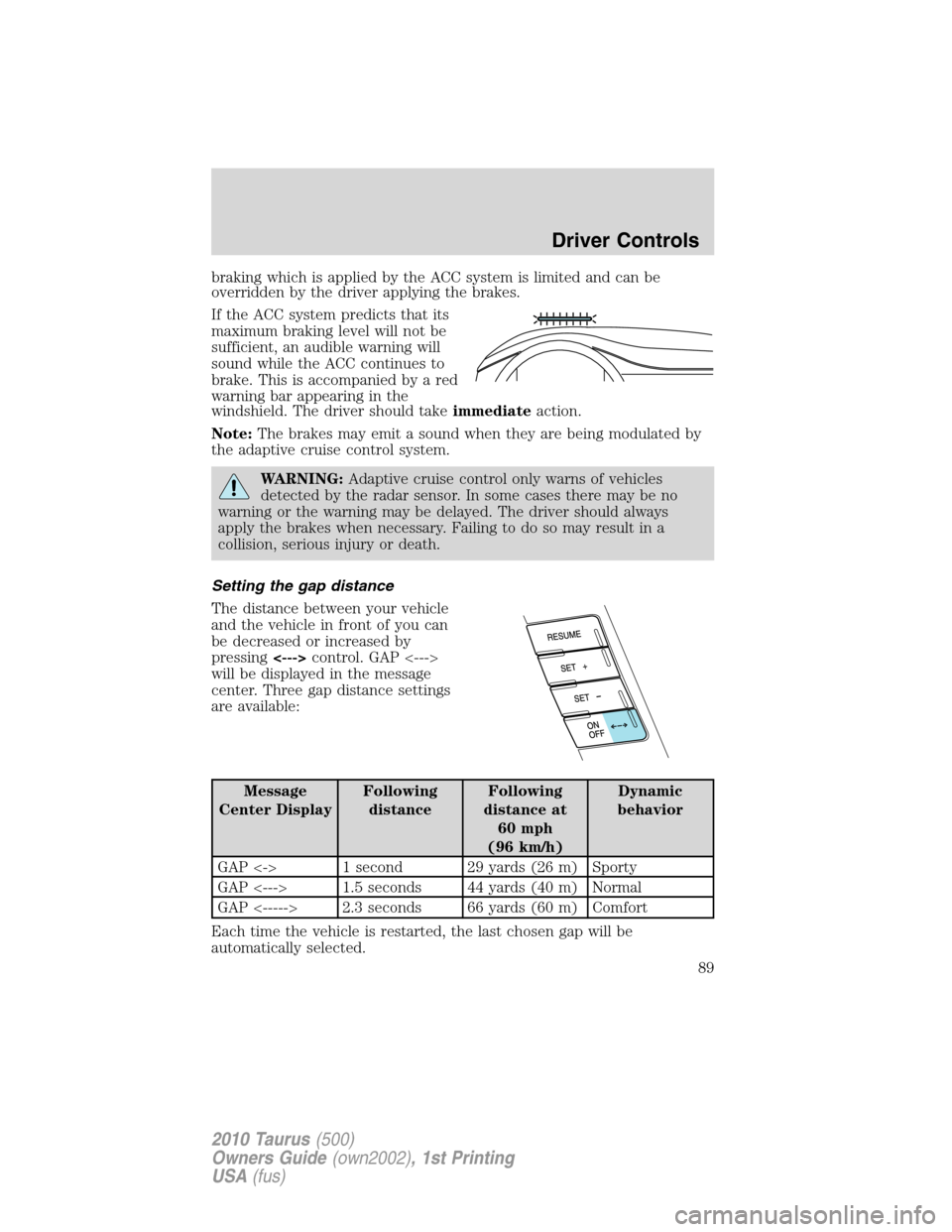 FORD TAURUS 2010 6.G Owners Manual braking which is applied by the ACC system is limited and can be
overridden by the driver applying the brakes.
If the ACC system predicts that its
maximum braking level will not be
sufficient, an audi