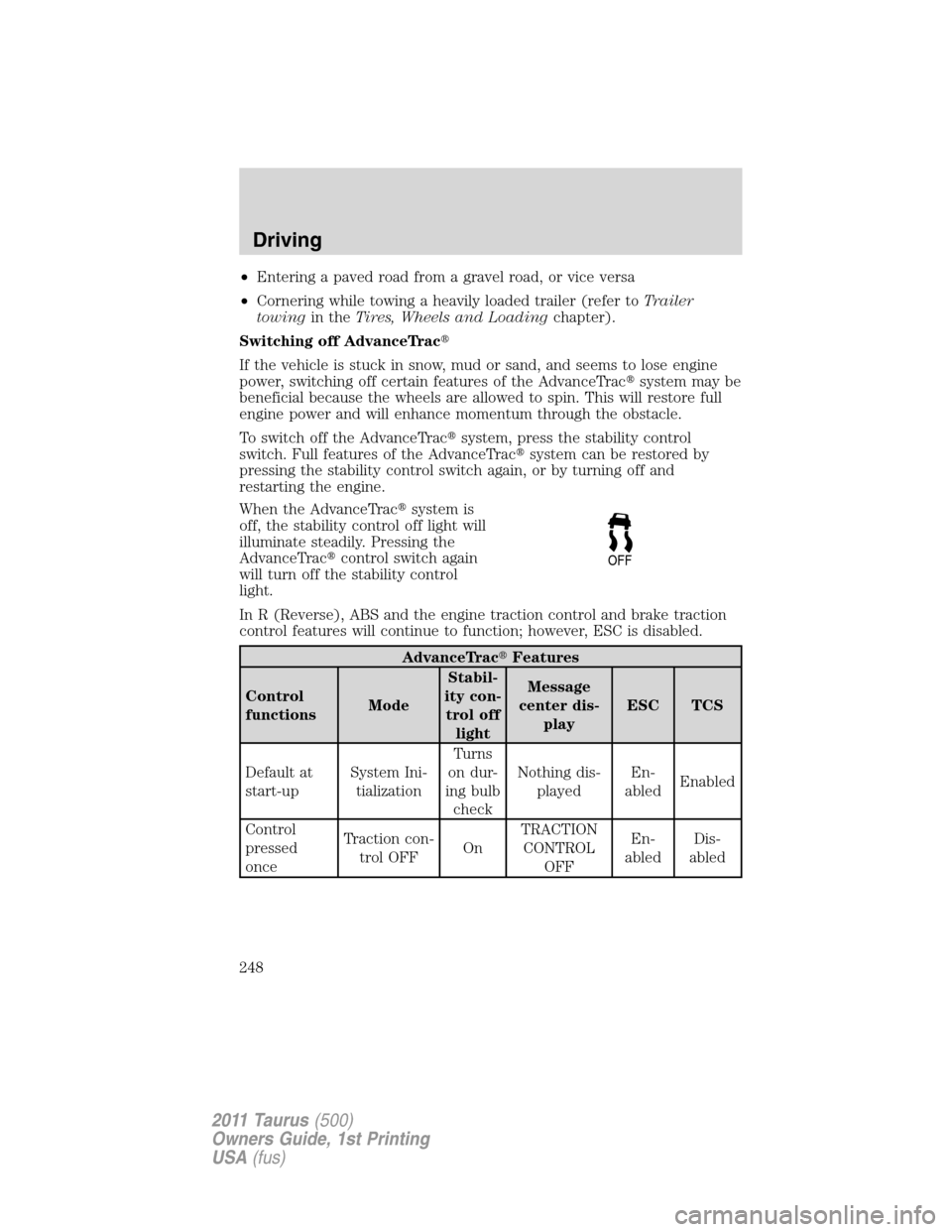 FORD TAURUS 2011 6.G Service Manual •Entering a paved road from a gravel road, or vice versa
•Cornering while towing a heavily loaded trailer (refer toTrailer
towingin theTires, Wheels and Loadingchapter).
Switching off AdvanceTrac