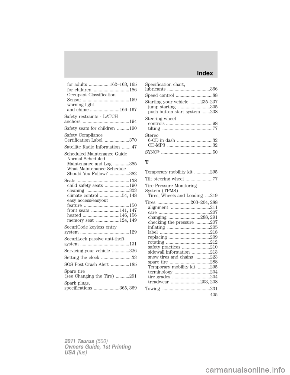 FORD TAURUS 2011 6.G Owners Manual for adults .................162–163, 165
for children .............................186
Occupant Classification
Sensor ......................................159
warning light
and chime ..............