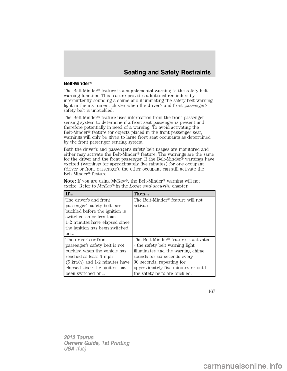 FORD TAURUS 2012 6.G Owners Manual Belt-Minder
The Belt-Minderfeature is a supplemental warning to the safety belt
warning function. This feature provides additional reminders by
intermittently sounding a chime and illuminating the s