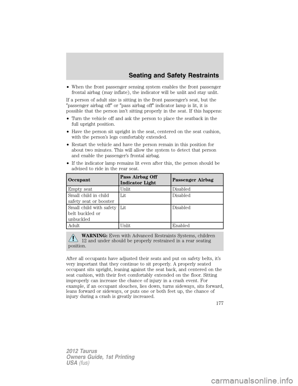 FORD TAURUS 2012 6.G Owners Manual •When the front passenger sensing system enables the front passenger
frontal airbag (may inflate), the indicator will be unlit and stay unlit.
If a person of adult size is sitting in the front passe