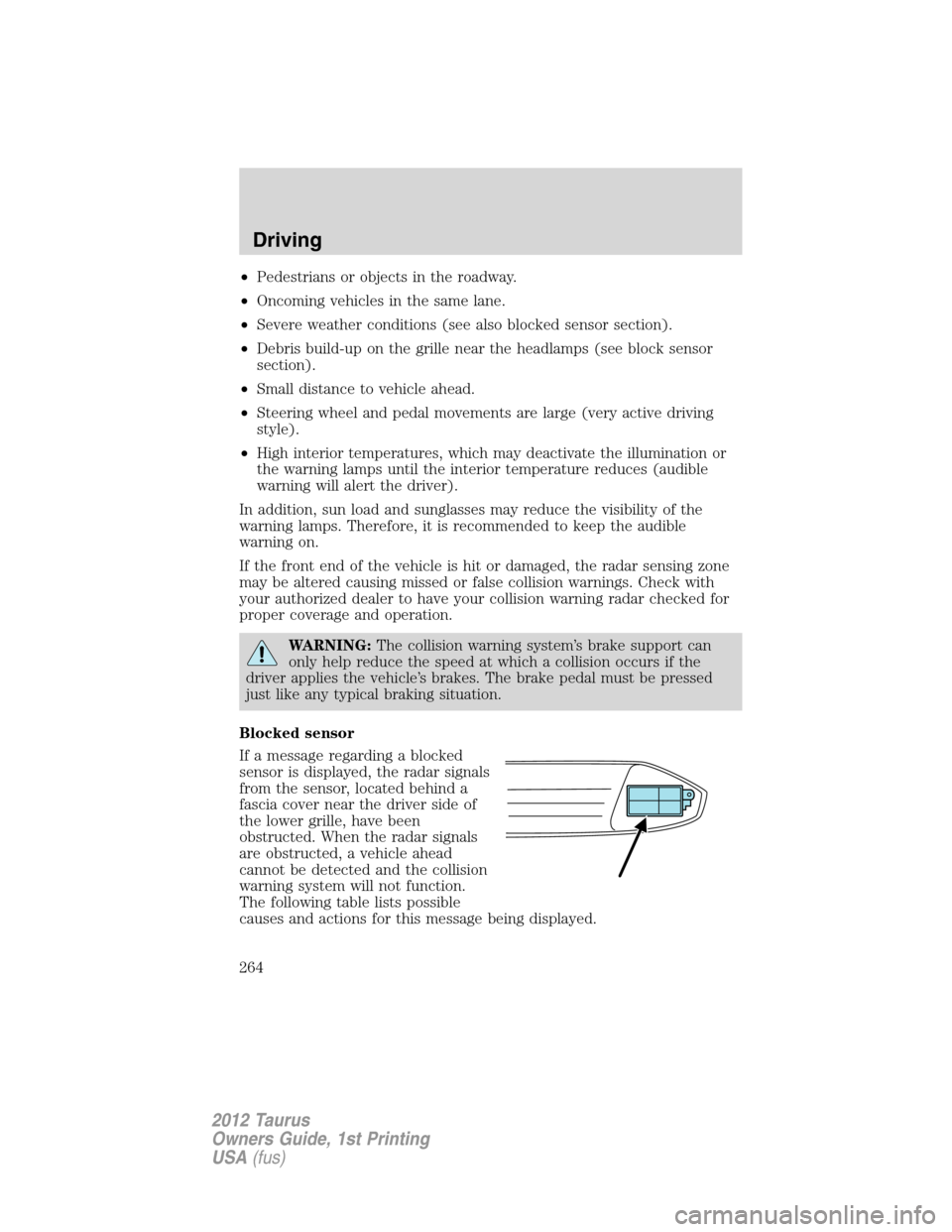 FORD TAURUS 2012 6.G Owners Manual •Pedestrians or objects in the roadway.
•Oncoming vehicles in the same lane.
•Severe weather conditions (see also blocked sensor section).
•Debris build-up on the grille near the headlamps (se