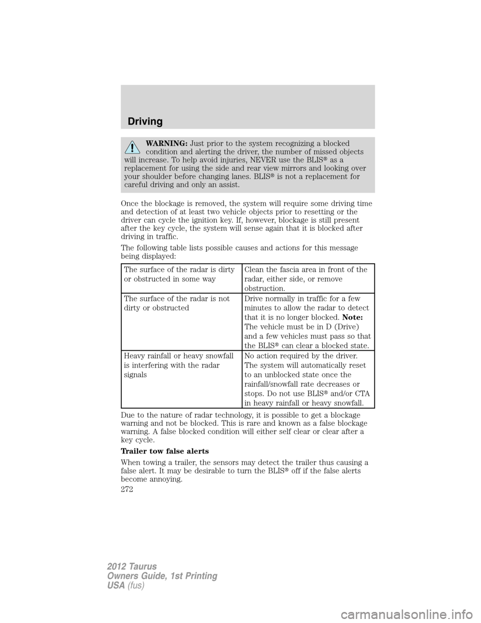 FORD TAURUS 2012 6.G Owners Manual WARNING:Just prior to the system recognizing a blocked
condition and alerting the driver, the number of missed objects
will increase. To help avoid injuries, NEVER use the BLISas a
replacement for us