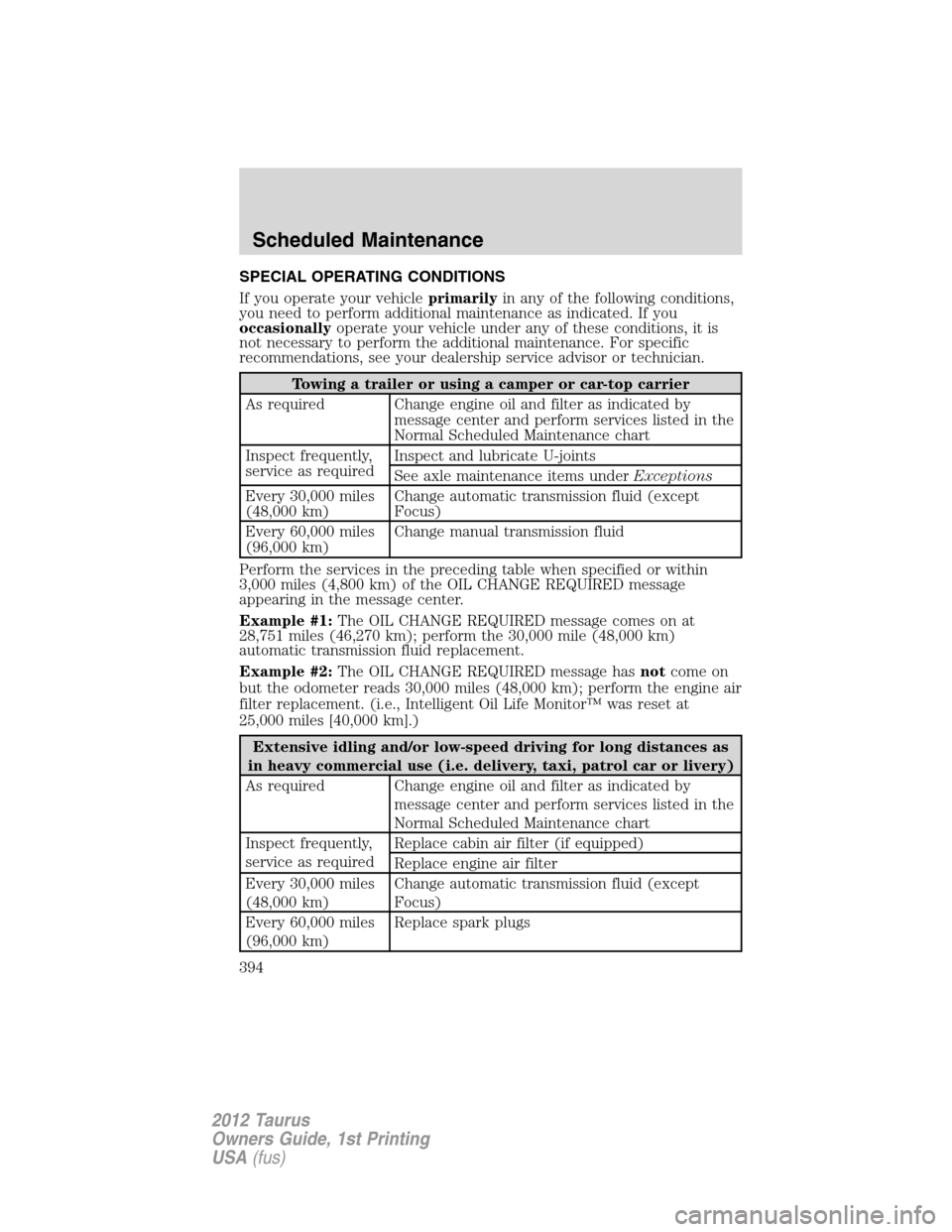 FORD TAURUS 2012 6.G Owners Manual SPECIAL OPERATING CONDITIONS
If you operate your vehicleprimarilyin any of the following conditions,
you need to perform additional maintenance as indicated. If you
occasionallyoperate your vehicle un